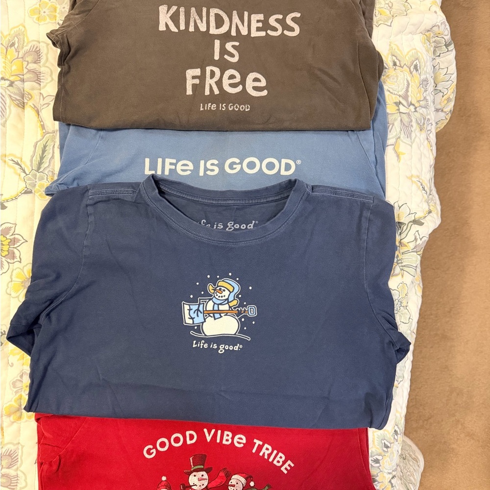 Life Is Good Women’s Tees- Charcoal, Blue, Red